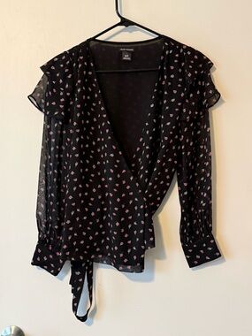 Club Monaco Black Silk Floral Wrap Blouse XS